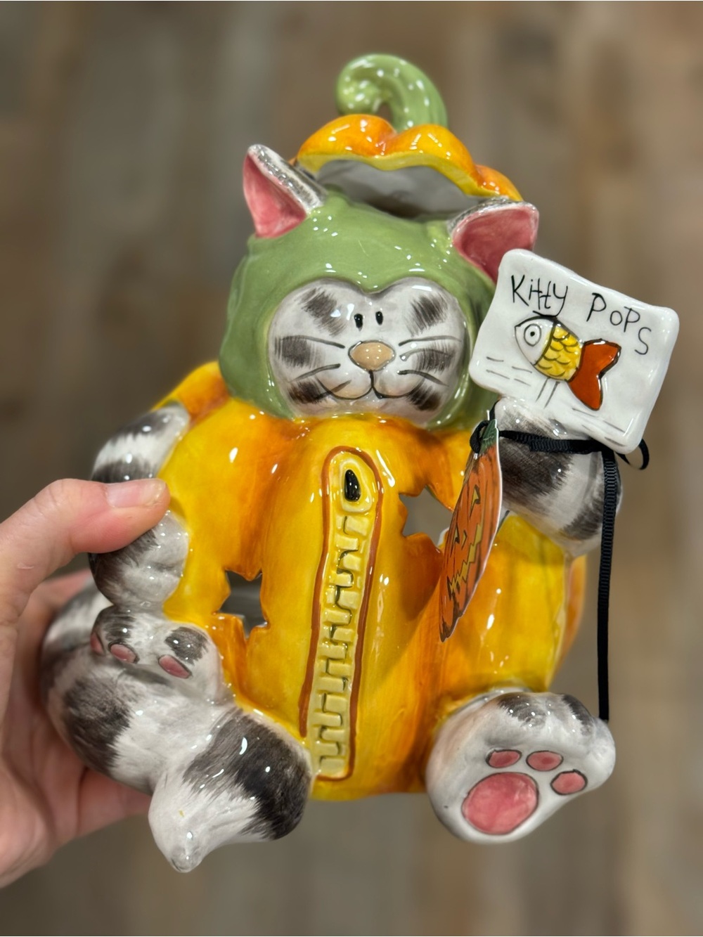 Blue Sky Orange Pumpkin Cat Figurine with Green Hood